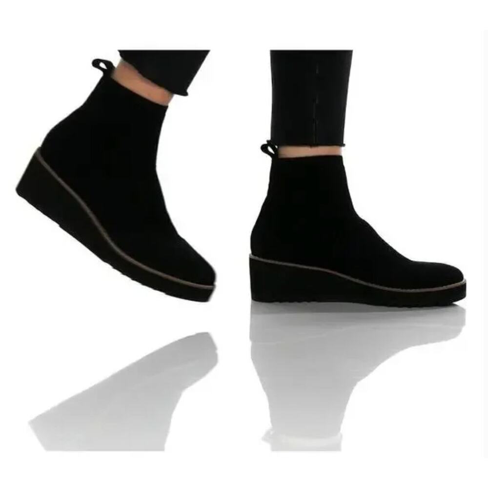 Eileen Fisher London Knit Wedge Booties Black Stretch Ankle Boots Women’s 6